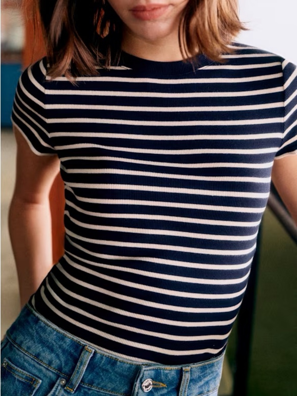 Sezane Camil T-Shirt in Navy/Ecru Women’s Size Small 100% Organic Cotton